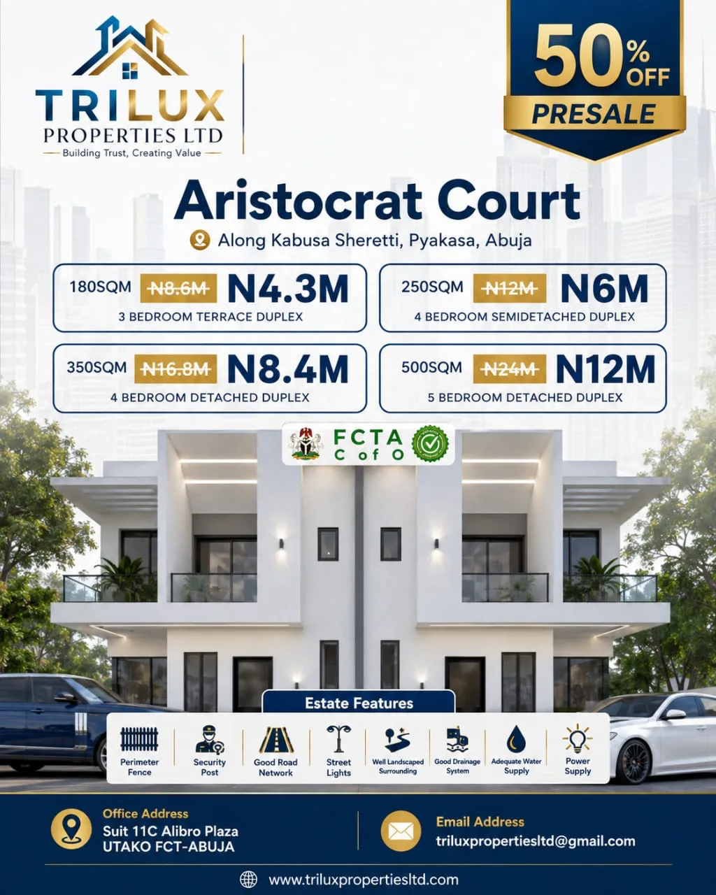 Aristocrat Court property flyer with advertised plot sizes, prices and estate information