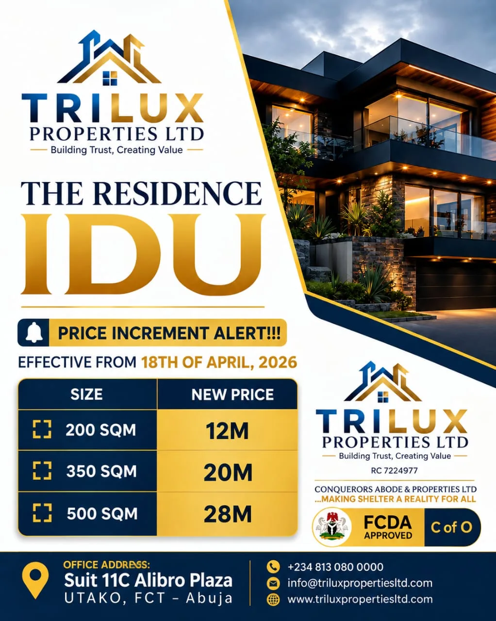 The Residence Idu property flyer with advertised plot sizes, prices and estate information